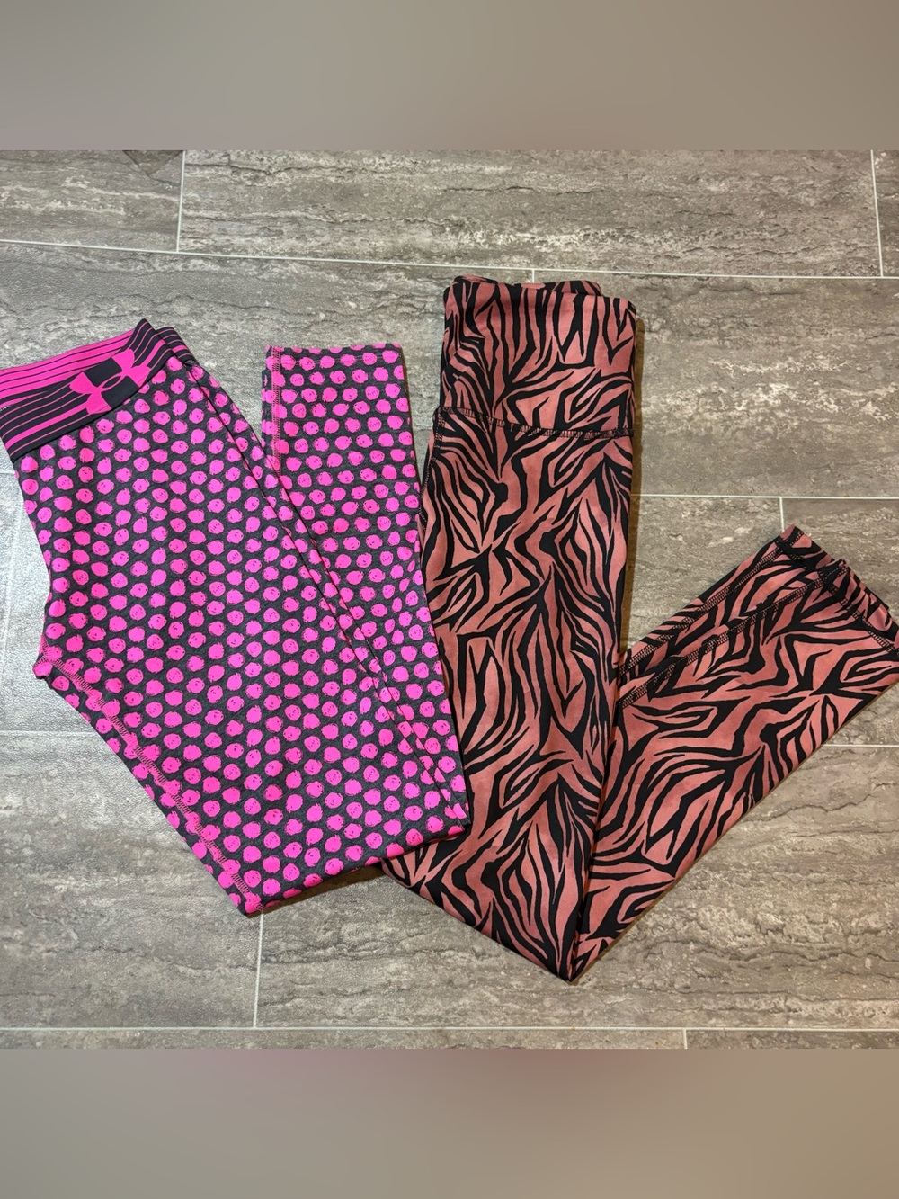 Lot of 2 Women’s Leggings Size Small Under Armour Polka Dot & Zebra Print Active